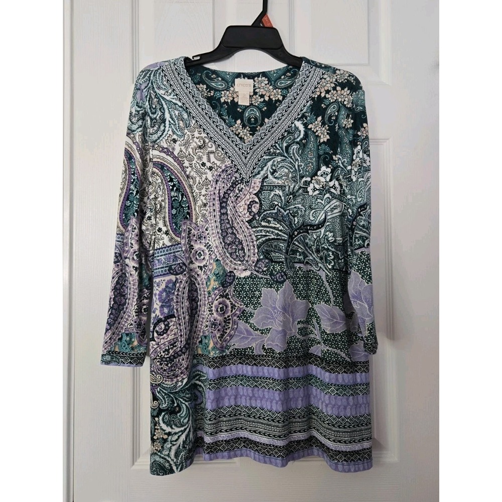 Chico's Womens Top Size 2 Multicolor Floral Paisley V-Neck Stretch 3/4 Sleeve
